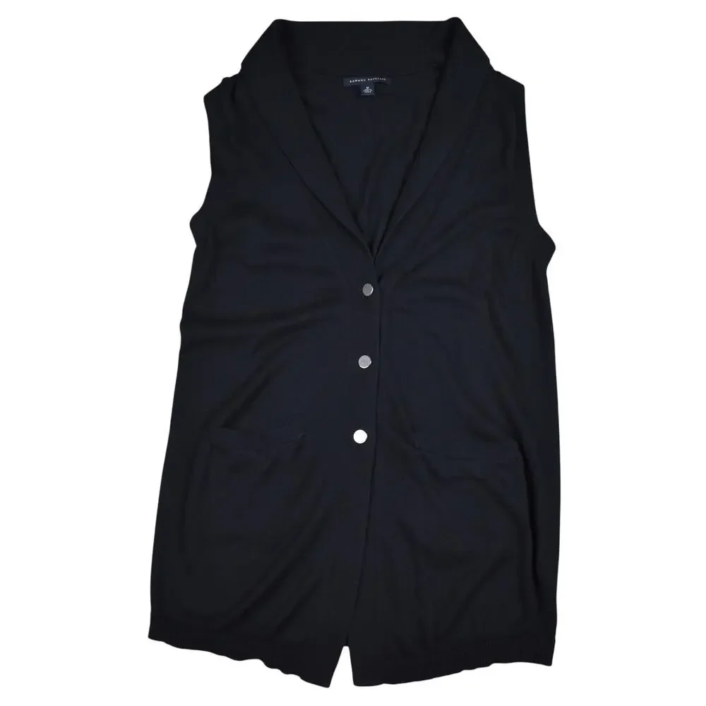 Banana Republic Womens M Black Long Button Knit Sweater Vest Academia Preppy